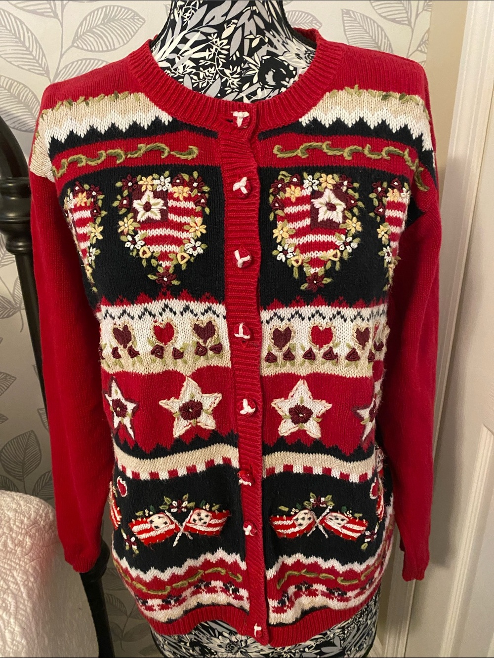 Heirloom Collectibles cardigan with embroidered patriotic heart & flag motifs